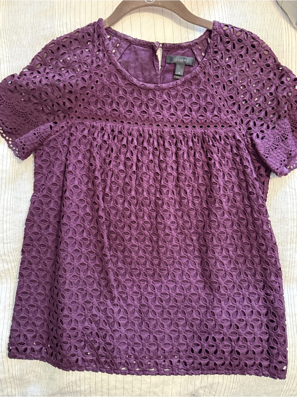J. Crew Plum Eyelet Lace Short Sleeve Top